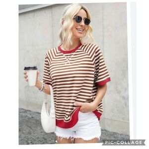 NEW DOKOTOO DUPE OF SORTS
STRIPE RED & CARAMEL BROWN OVERSIZED SS RINGER TOP